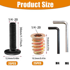 25 Sets 1/4-20 Threaded Inserts for Wood with 1-5/32 Inch Screws Furniture Kit