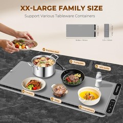 Electric Warming Mat for Food – 7 Temps, 8H Timer, XXL Grey | Roll up Silicone,