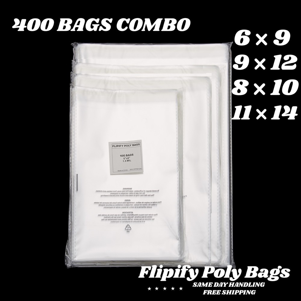 400 Clear Poly Bags Combo Pack with Suffocation Warning – 6×9 8×10 9×12 11×14