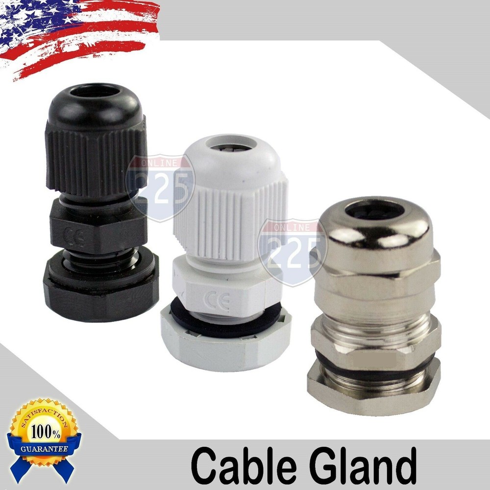 NPT14 – NPT34 Black/White/Brass Tight Cord Grip Cable Gland w/ Lock-Nut & Gasket