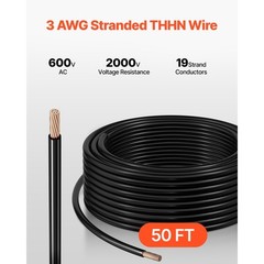 3 AWG THHN Wire 19-Stranded Black Copper Building Wire Nylon Jacket 50 ft 600V