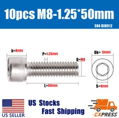10PCS New M8X 50mm 304 Stainless Steel Allen Hex Socket Cap Head Screws DIN912
