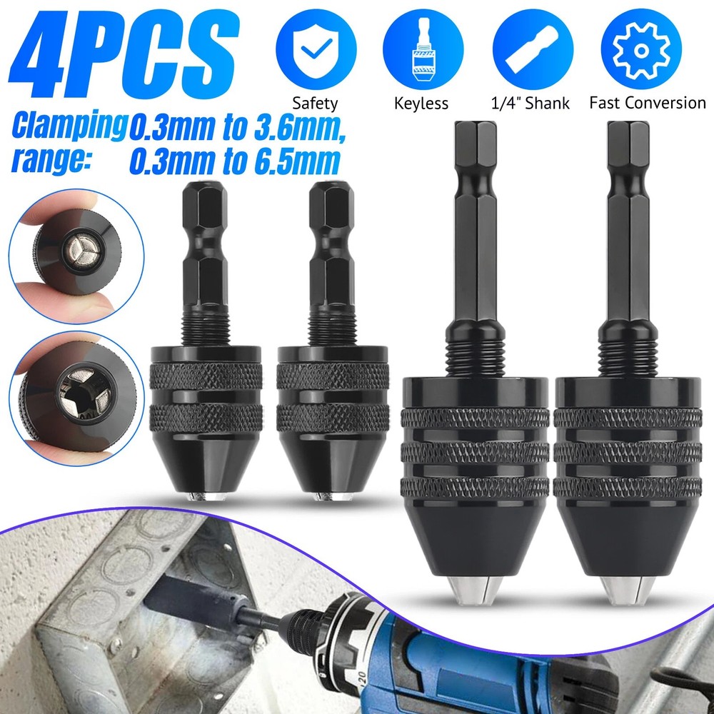4x 1/4″Hex Shank Keyless Chuck Adapter Drill Bit Quick Change Driver Converter