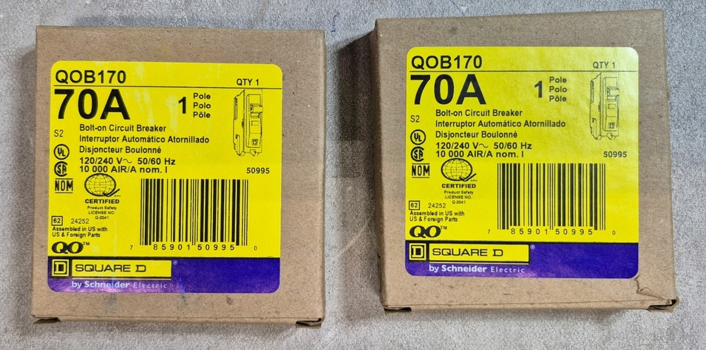 Square D QOB170 1-Pole 70 Amp Bolt-On Circuit Breaker 120/240V NQ Panel (Pair)