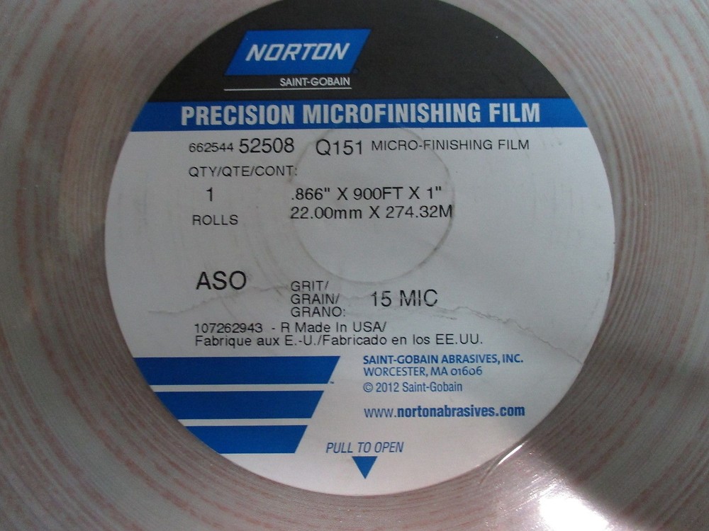 PRECISION MICROFINISHING FILM .886 X 900FT X 1 NORTON 15 MIC 52508 (LL2866)