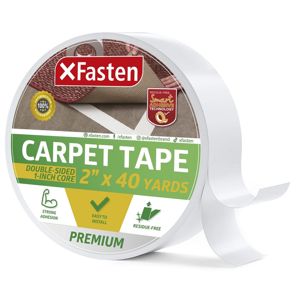 XFasten Double Sided Carpet Tape for Area Rugs 2-Inch X 40-Yards 1-Inch Core