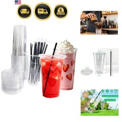25 SETS] 32 oz Cups with lids, Plastic Cups with Lids and Straws Ideal for co…