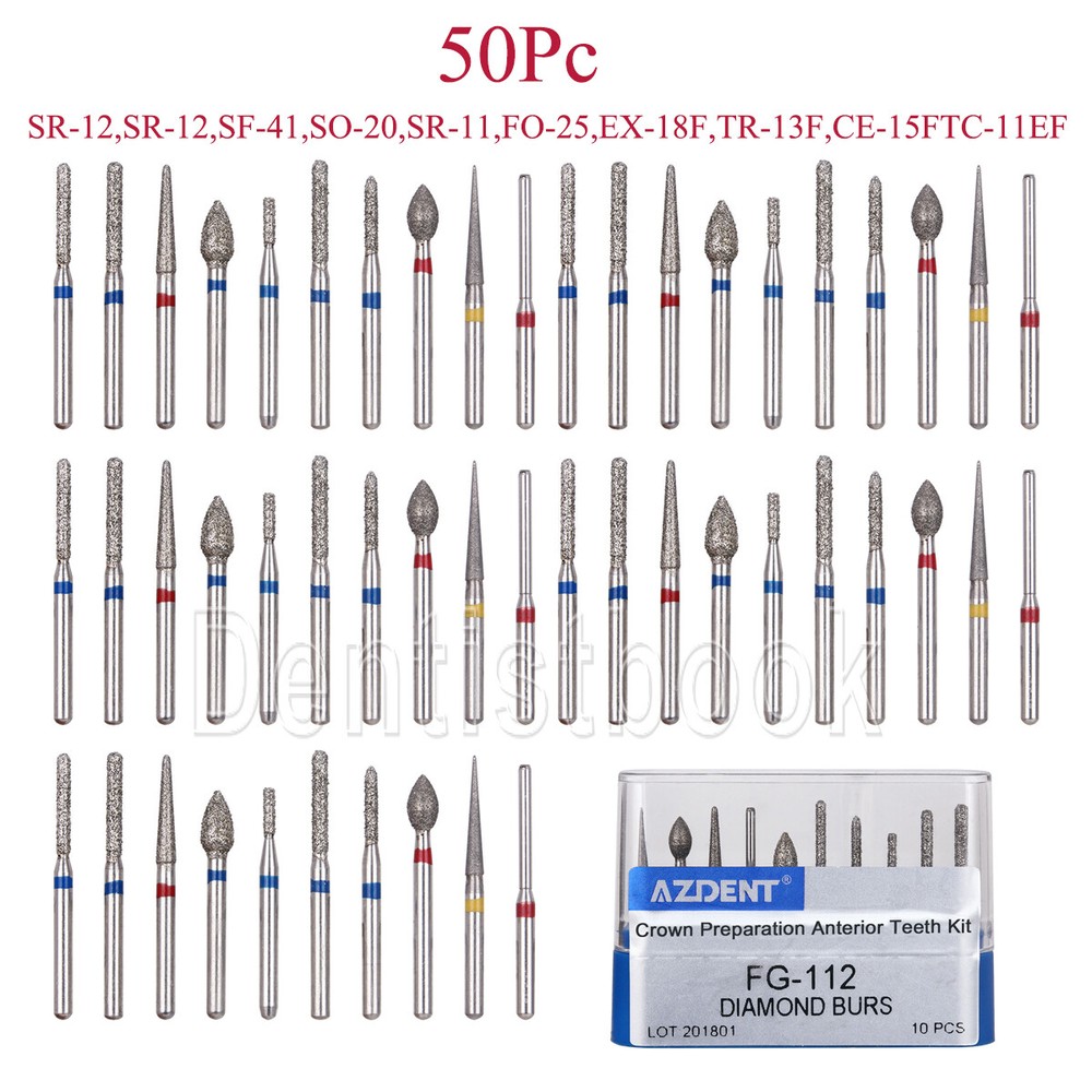 50pc Dental Diamond Burs FG Hight Handpiece Crown Preparation Anterior Teeth Set