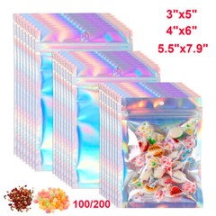 100/200 Resealable Holographic Mylar Foil Bags Zip Lock Pouch Clear Front 3 Size