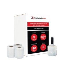 12 Rolls Cast Narrow Banding Stretch Wrap 5″x1000′ 80 Gauge Black Spinner Handle