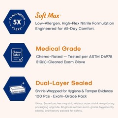 Medical Soft Max Nitrile Exam Gloves, 100 Count Latex-Free Powder-Free Non-St…