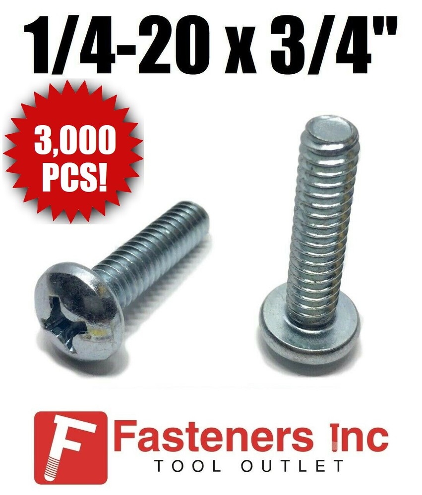 (Qty 3000) 1/4-20 x 3/4″ Phillips Pan Head Machine Screw Zinc Plated Bulk Box