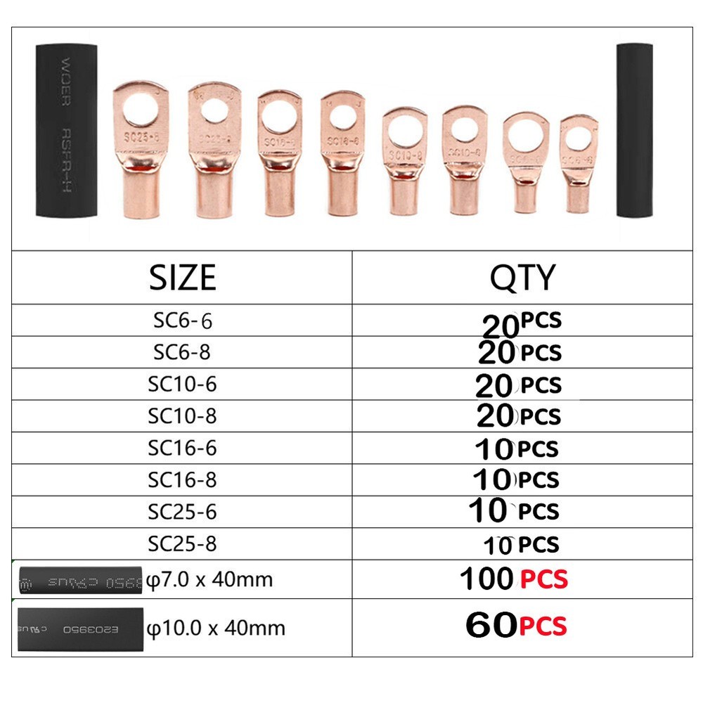 280PCS Car Copper Lug Ring Terminals Cable Electrical Wire Crimp Connectors Kit