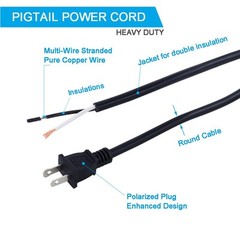 12FT AC Power Cord 2 Prong 16 AWG Polarized Open End Wire 13A 1625W Replace O…