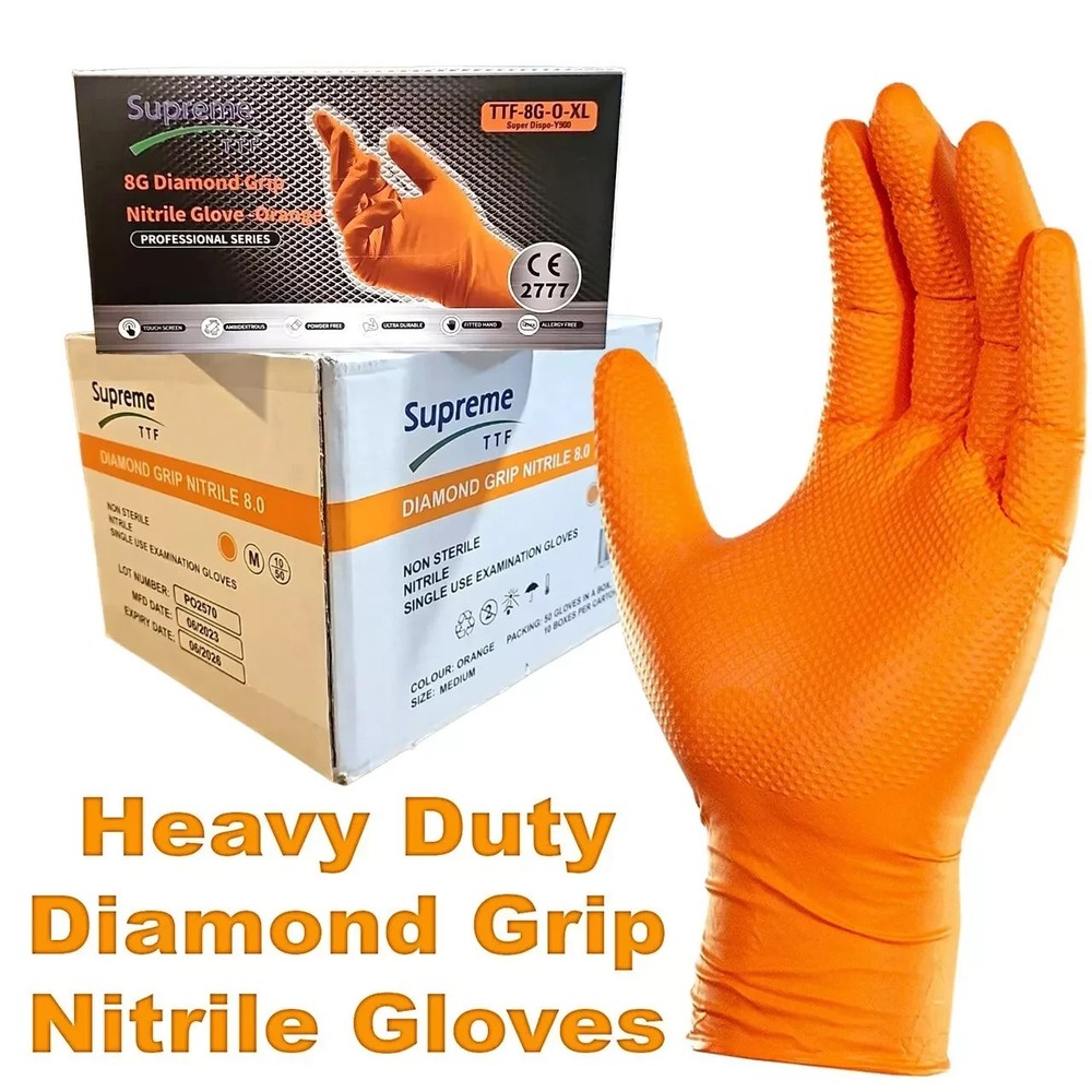Heavy Duty Mechanic Nitrile Orange Disposable 8 MIL Raised Diamond Grip Gloves