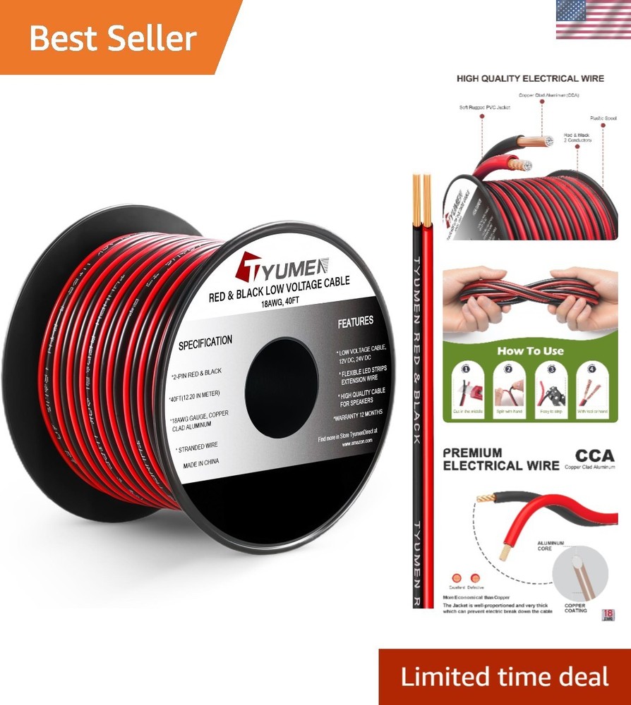 40FT Red & Black LED Extension Wire – Ideal for Home & Commercial Use
