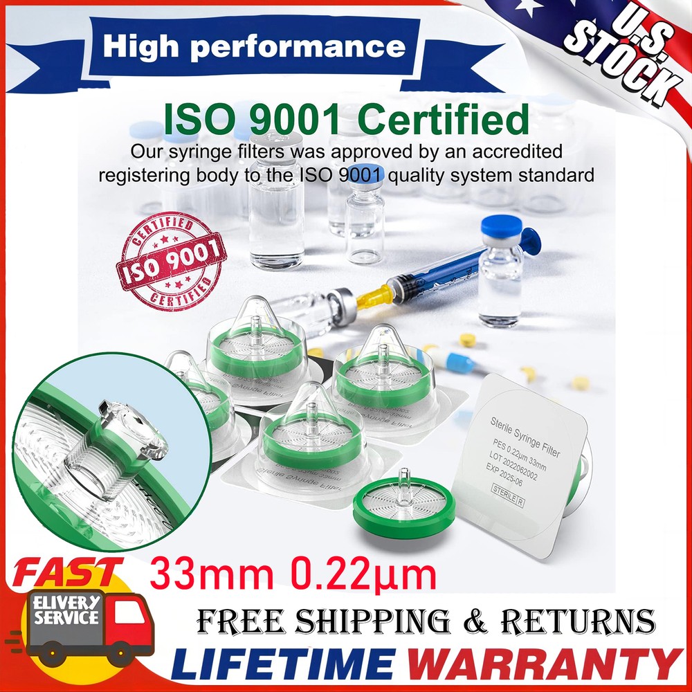 Set of 50 Sterile Syringe Filter PES Membrane Filtration 33mm 0.22μm Lab Filters