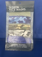 *FASHION CLOTH FACE MASKS REUSABLE WASHABLE ONE SIZE FITS MOST 5 PACK CAMO