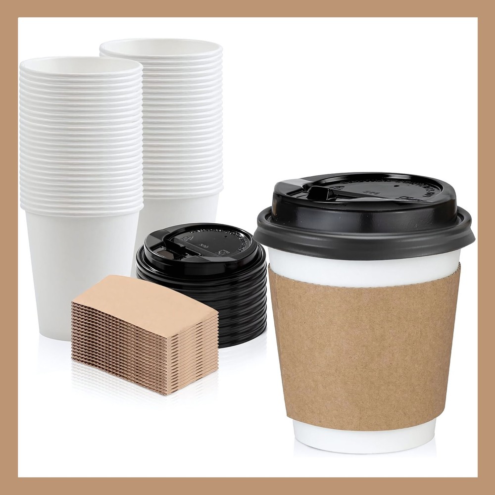 Paper White Cups + Lids + Sleeves Disposable Beverage Coffee Hot Cold Cafe