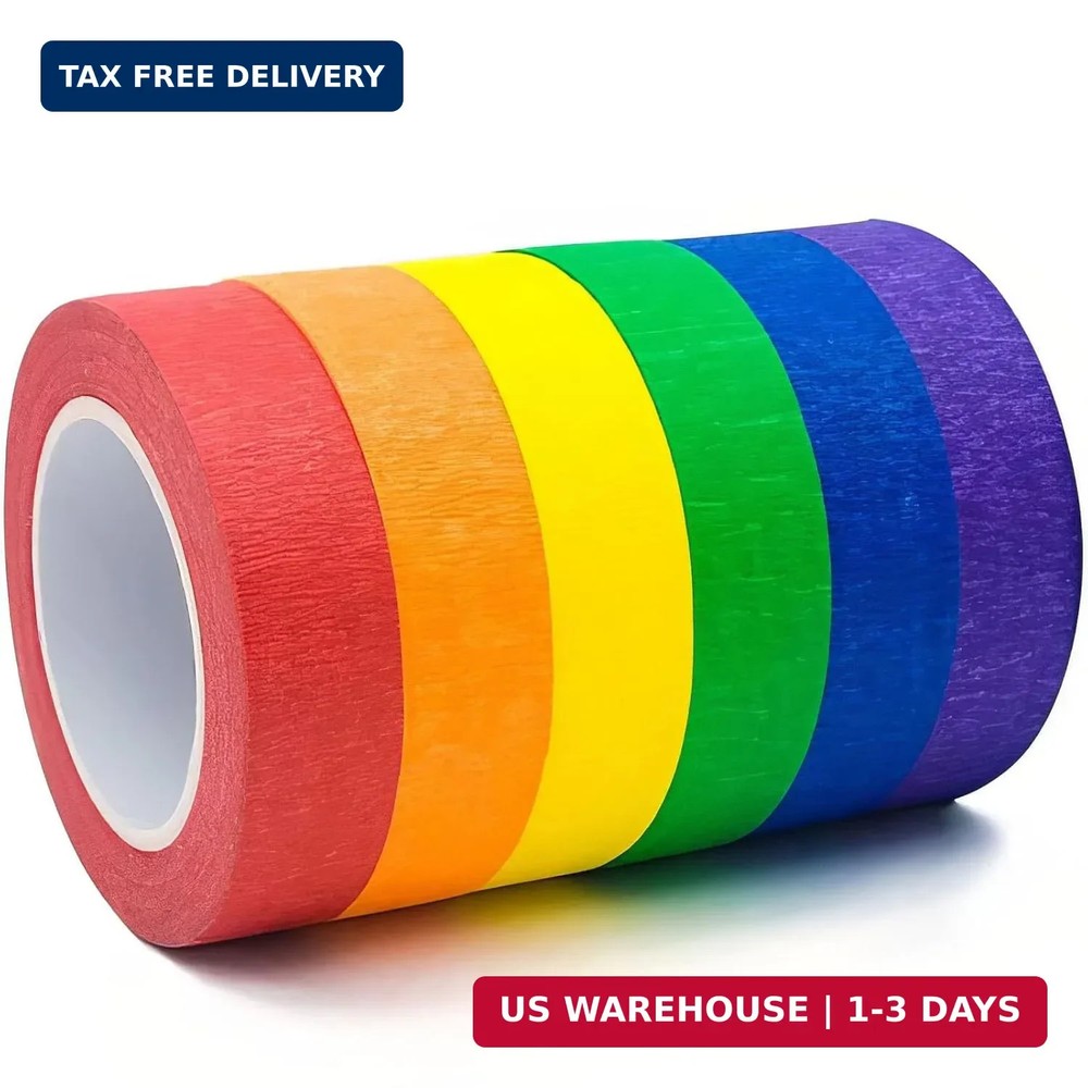 6 Rolls Colored Masking Tape，colored Red, orange, yellow, green, blue, purple