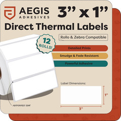 – 3″ X 1″ Direct Thermal Labels (12 Rolls, 1300 Labels/Roll) for Barcodes, Addre