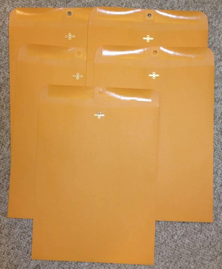Five (5) Kraft Envelopes 12 x 15.5 Shipping Catalog Yellow Clasp