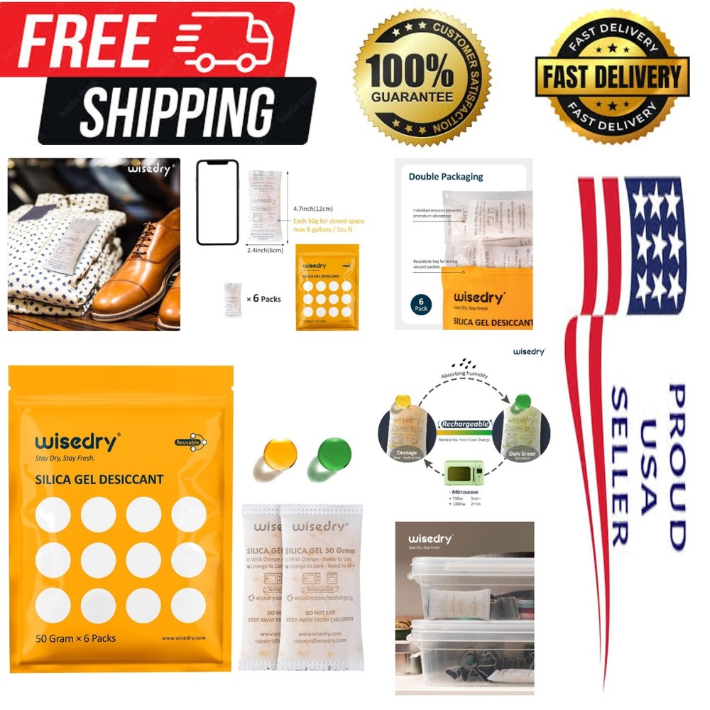 6-Pack 50g Rechargeable Silica Gel Bags with Color Change Indicator for Safety