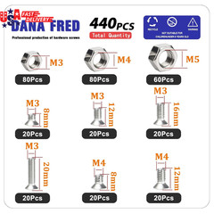 440 Pieces Flat Hex Socket Head Cap Screws Kit 304 Stainless Steel M3 M4 M5 Metr