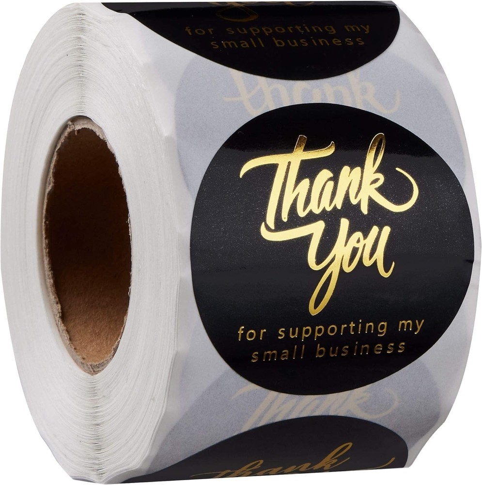 Thank You Labels for Gift Bags, 500 Gold Foil Stickers, 1.5 Inch, Black