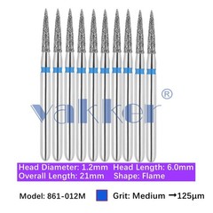 Vakker 10pc Dental 861-012M Medium Grit FG Diamond Bur Friction Grip Flame Shape