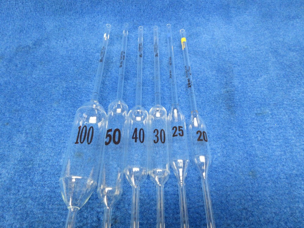 Lot of 6 Kimax Fisherbrand Volumetric Pipettes 20mL 25mL 30mL 40mL 50mL 100mL