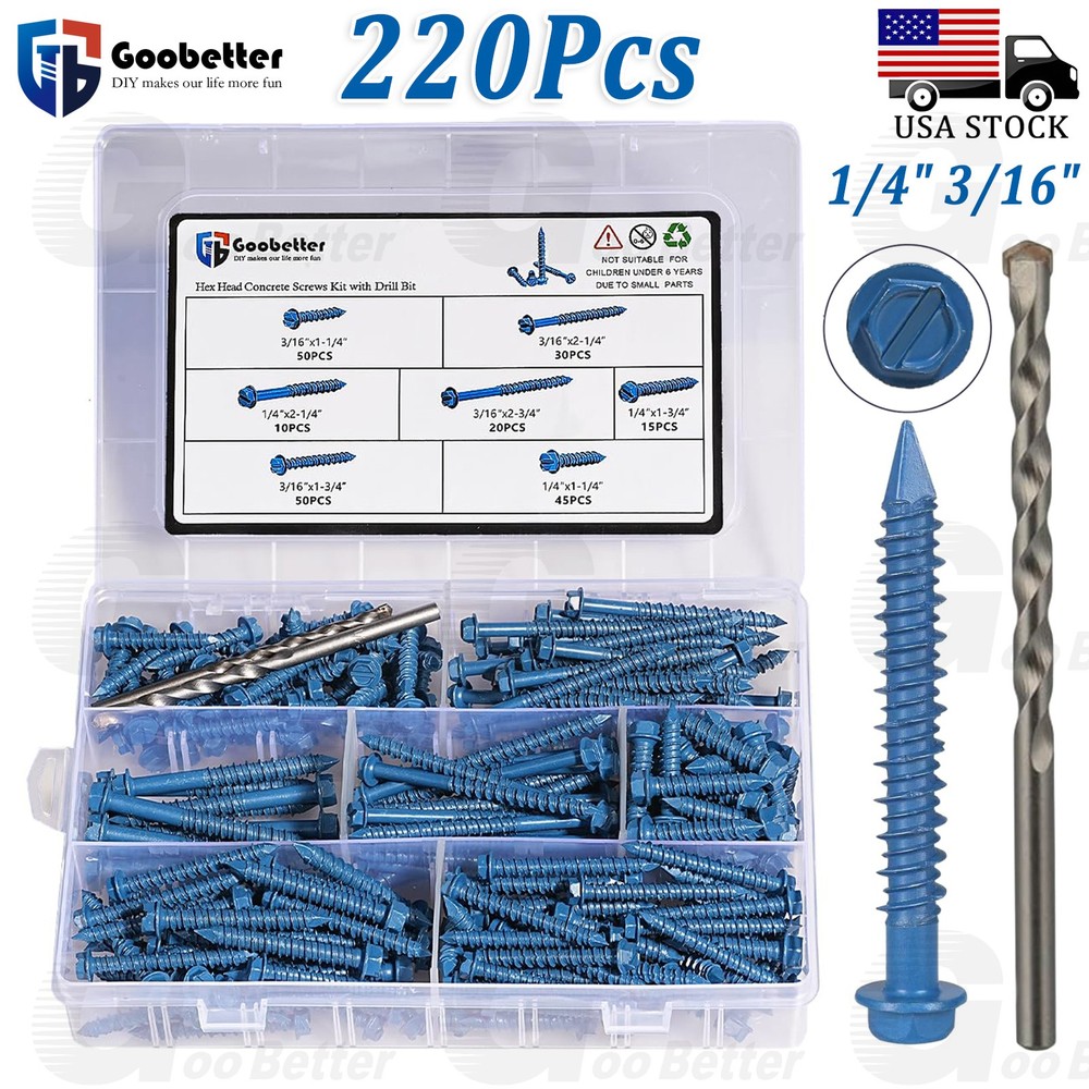 220Pcs Hex Washer Head 1/4″ 3/16″ Concrete Masonry Screws Tapcon Anchor & Bit