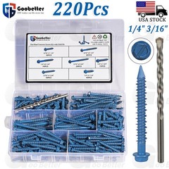220Pcs Hex Washer Head 1/4″ 3/16″ Concrete Masonry Screws Tapcon Anchor & Bit