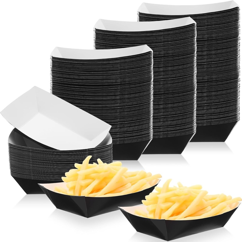 500 Pcs 3lb Paper Food Trays Disposable Paper Food Boats Black Paperboard Nacho