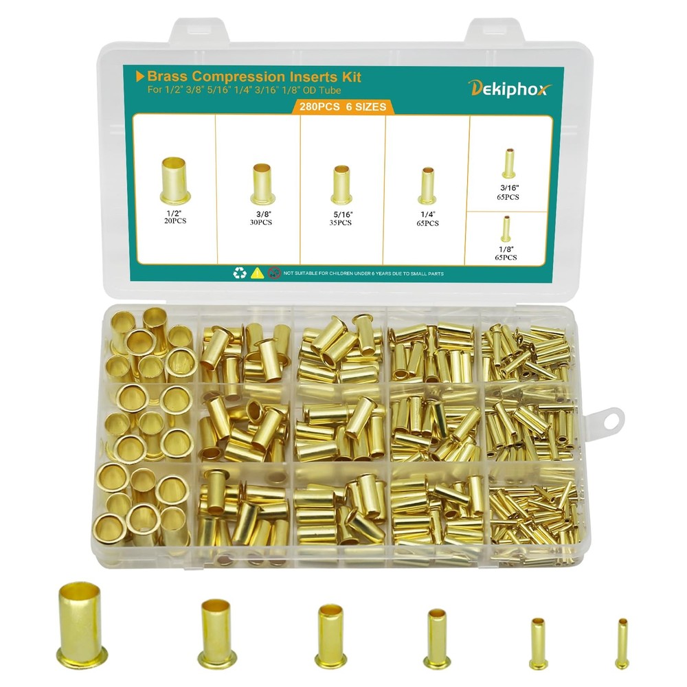 280PCS Brass Compression Insert，for Tube OD 1/8″ 3/16″ 1/4″ 5/16” 3/8″ 1/2″ …
