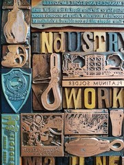 Industry Themed Vintage Letter Press Print Block Collage In Wood Frame