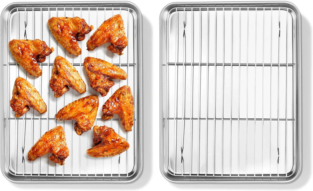 Quarter Sheet Pan with Rack Set (2 Sheets + 2 Racks), 9X13 Stainless Steel Bakin