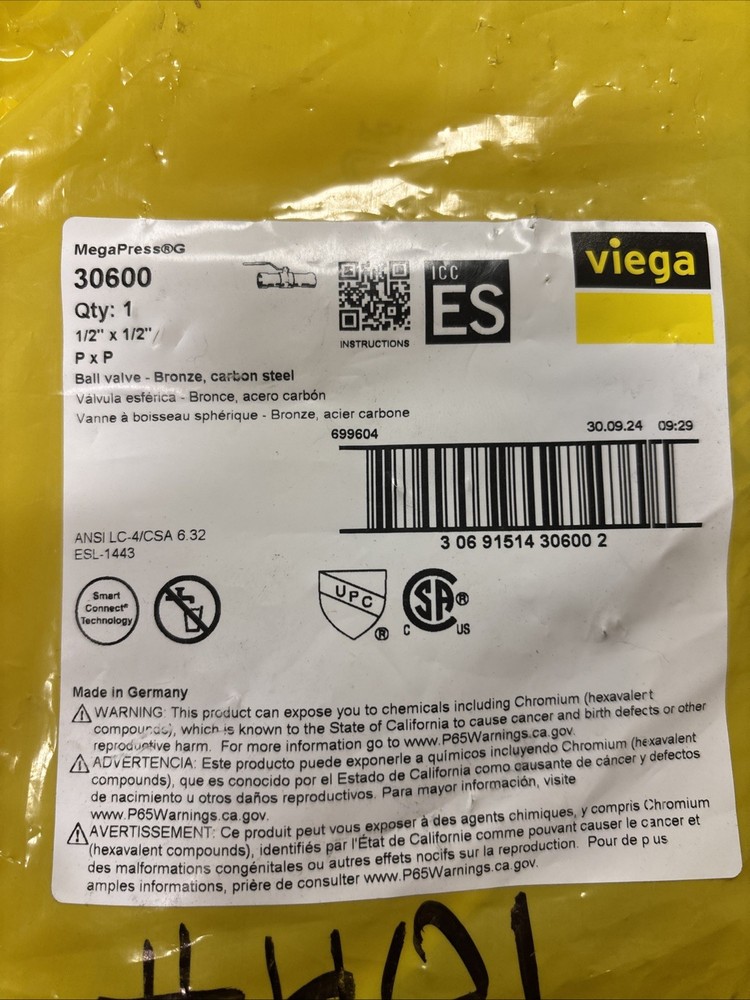 Viega MegaPressG 30600 1/2″ Press Carbon Steel Ball Shut Off Valve – Gas Only