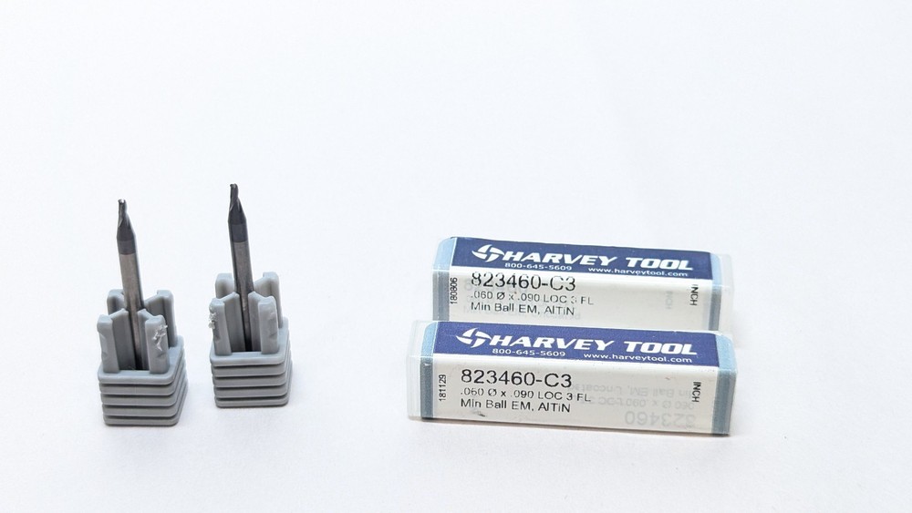 2) Solid Carbide Ball End Mill .060 Dia .090 LOC 3FL C3 Harvey Tool 823460-C3