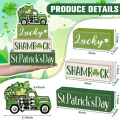 4 Pcs St Patrick’s Day Table Decorations Green Shamrocks Wooden Signs Block Fa