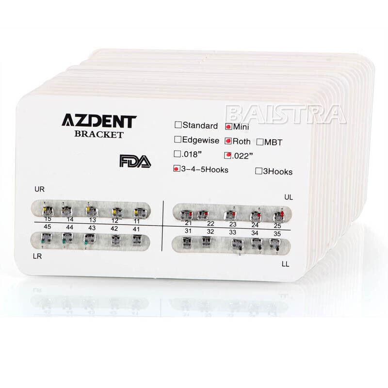 200Packs AZDENT Dental Orthodontic Bracket Braces Mini Roth Slot.022 Hooks 3-4-5