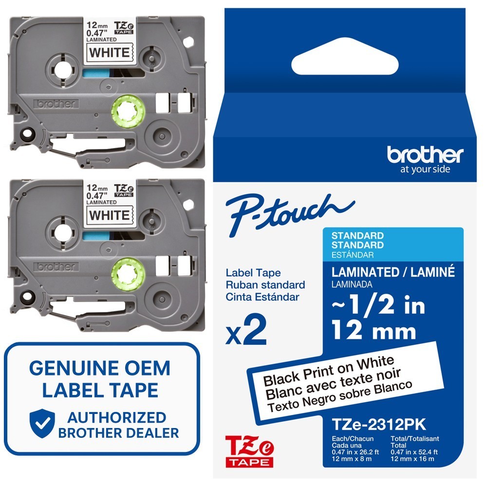 Genuine Brother TZe-2312PK Black on White 12mm 1/2″ P-Touch Label Tape