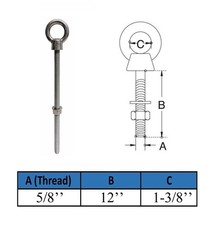 Marine Grade T316 Stainless Shoulder Eye Bolt 5/8″ x 12″, 3,200 lb WLL