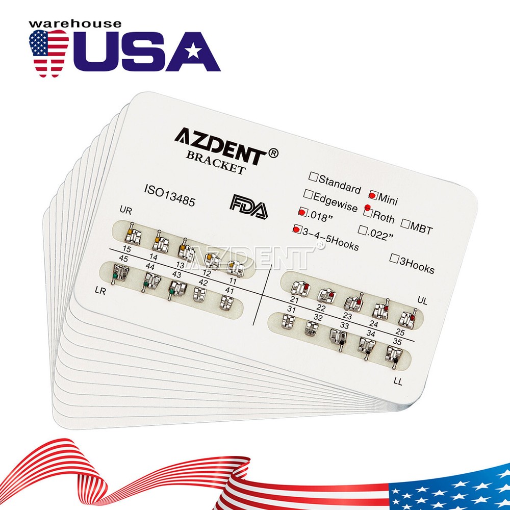 10 Packs AZDENT Dental Orthodontic Brace Brackets Mini Roth Slot 0.018 Hooks 345