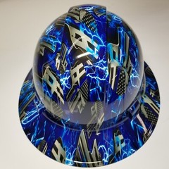 full brim hard hat custom hydro dipped IN BLUE LINE ICE SKULLS BLUE LIGHTNING