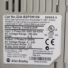 Allen-Bradley PowerFlex VFD 22A-B2P3N104 0.4kW 0.5HP 200-240V 3PH IP20