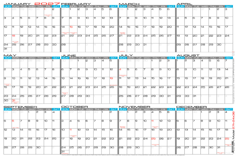 24″ X 36″ Large Horizontal 12 Month Laminated Erasable Wall Calendar (Rolled)