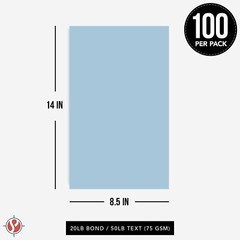 8.5 x 14 Blue Pastel Color Paper, Legal Size, 20lb Bond (75gsm), 100 Sheets