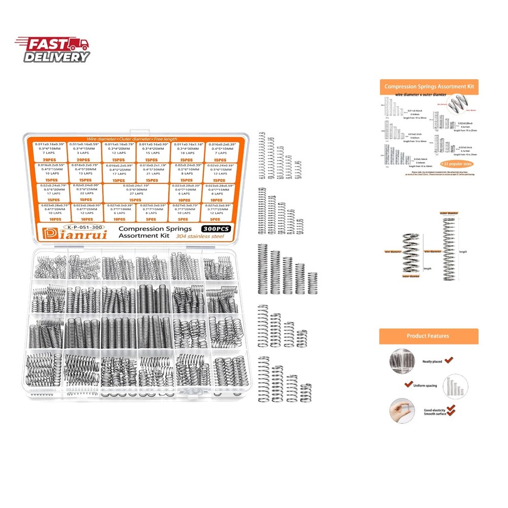 300PCS Compression Springs Assortment Kit 23 Different Sizes Small Spring 304…