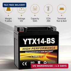 YTX14-BS 12V 14Ah AGM Sealed Motorcycle Battery, Maintenance-Free, Compatible wi